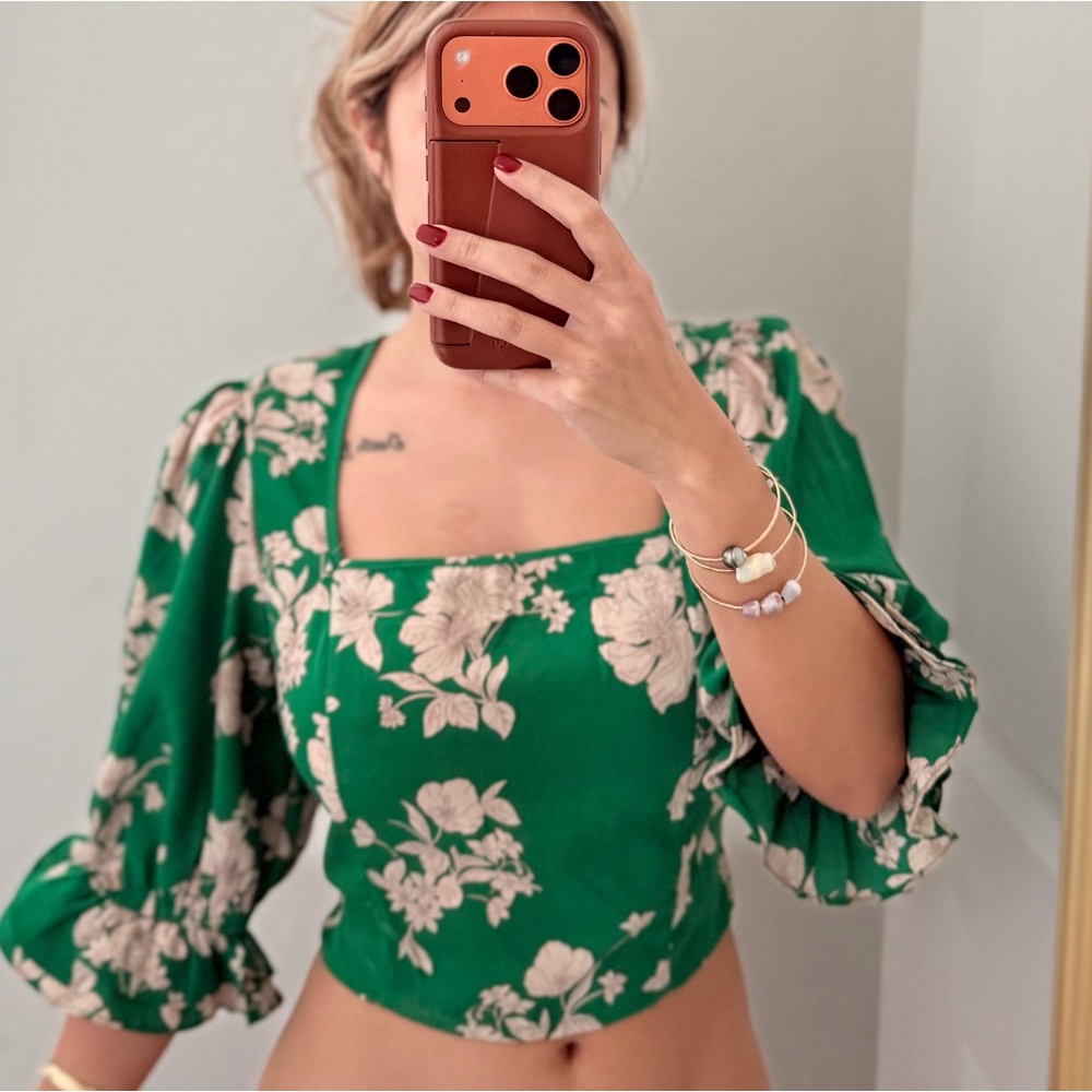 Sienna Sky Green Floral Smocked Crop Top Puff Sleeves Size S